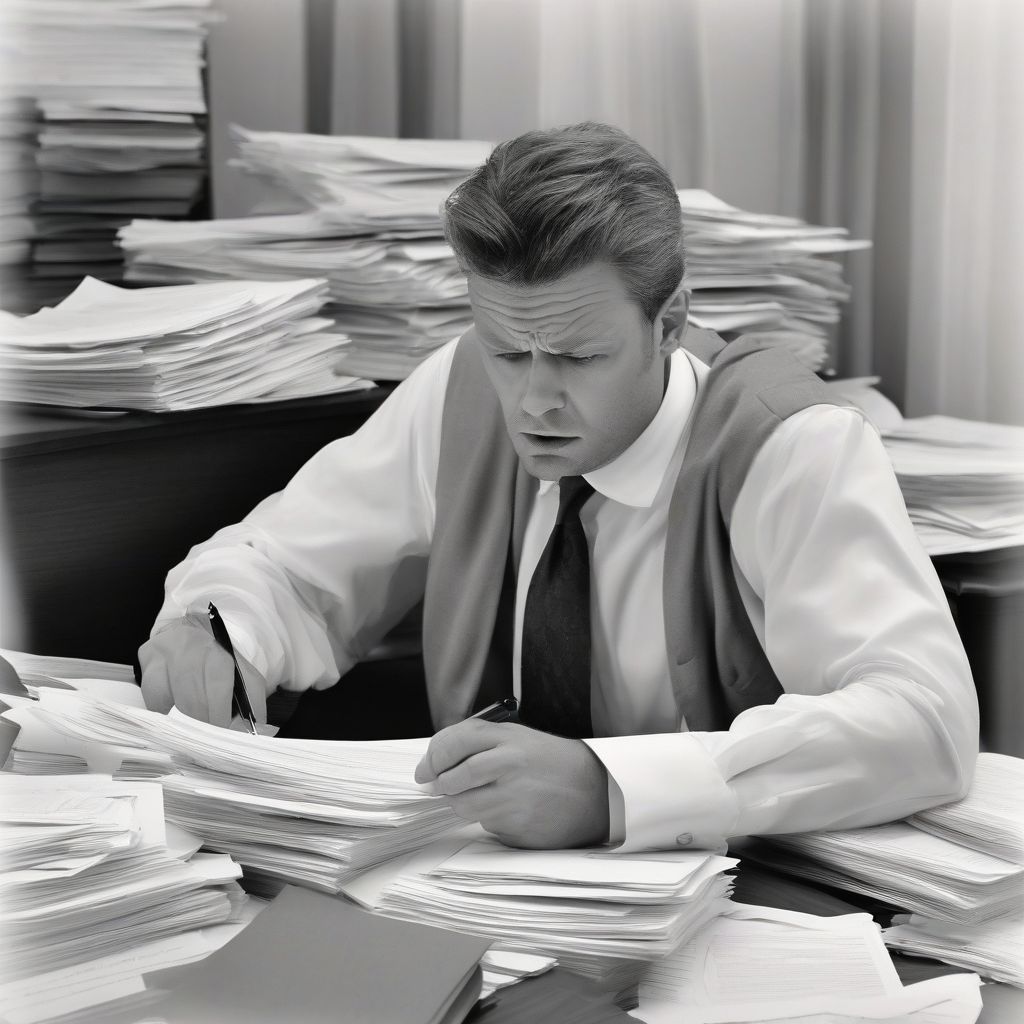 Stressed man reviewing legal documents